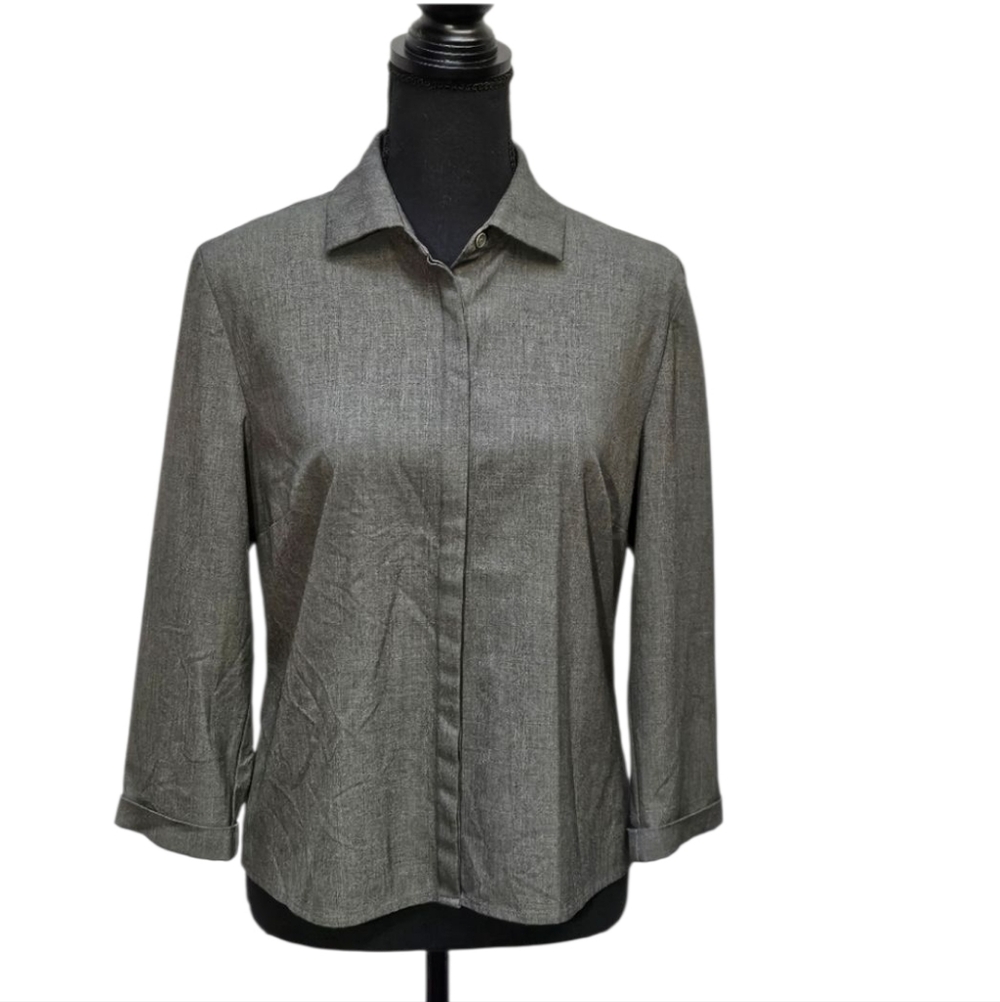 Ann Taylor Stretch Hidden Button Grey Blouse 67% Poly 29% Viscose 4% Spand Sz 8